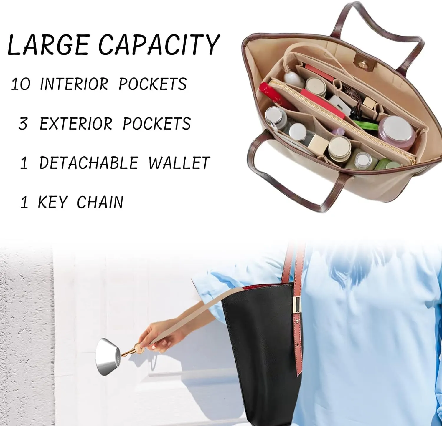 Purse Organizer Insert with Zipper Felt Bag Organizer Handbag Organizer Insert Bag in Bag Organizer with Key Chain for Tote Purse Bag Beige Medium