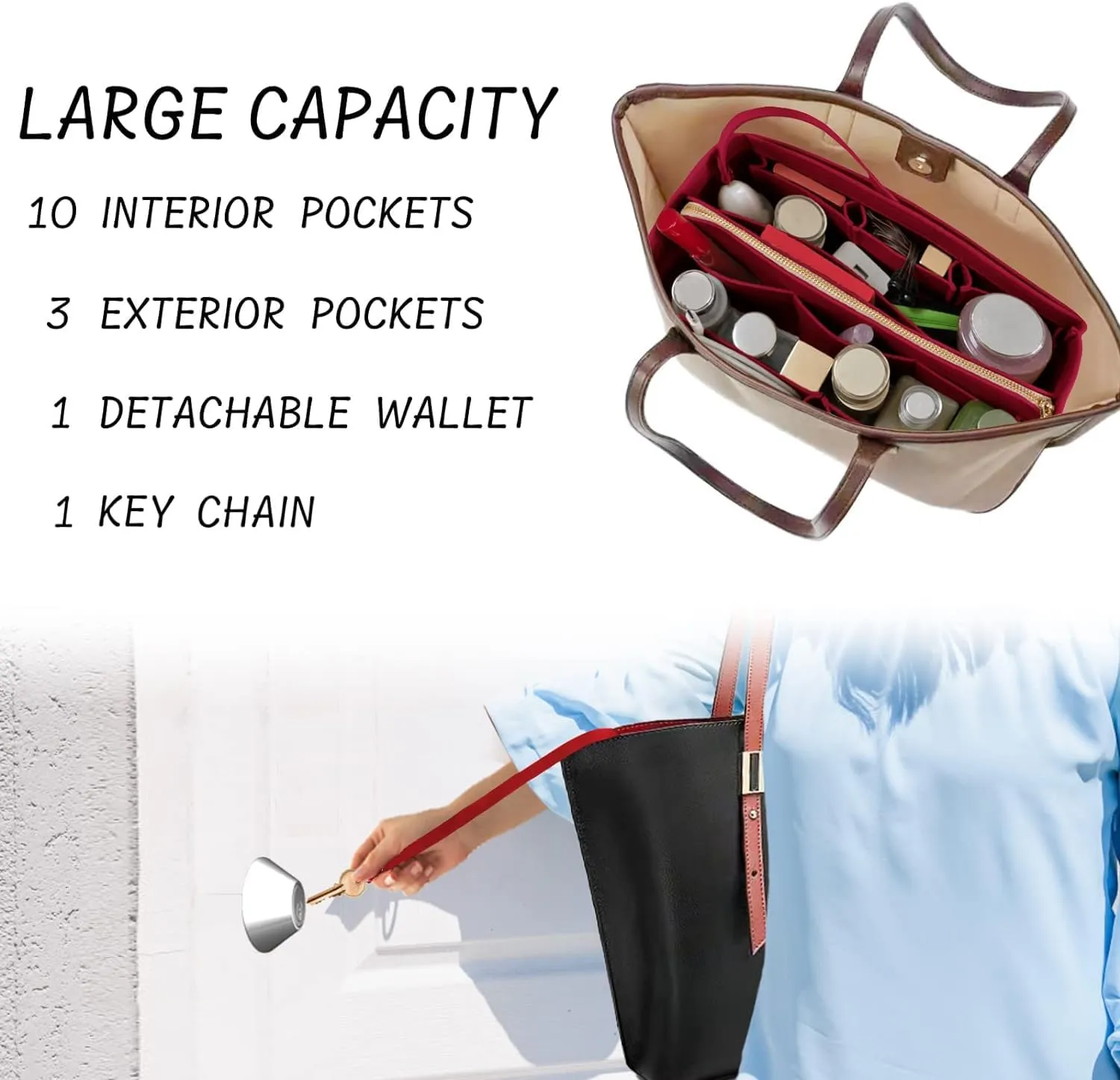 Purse Organizer Insert with Zipper Felt Bag Organizer Handbag Organizer Insert Bag in Bag Organizer with Key Chain for Tote Purse Bag Dark Red Medium