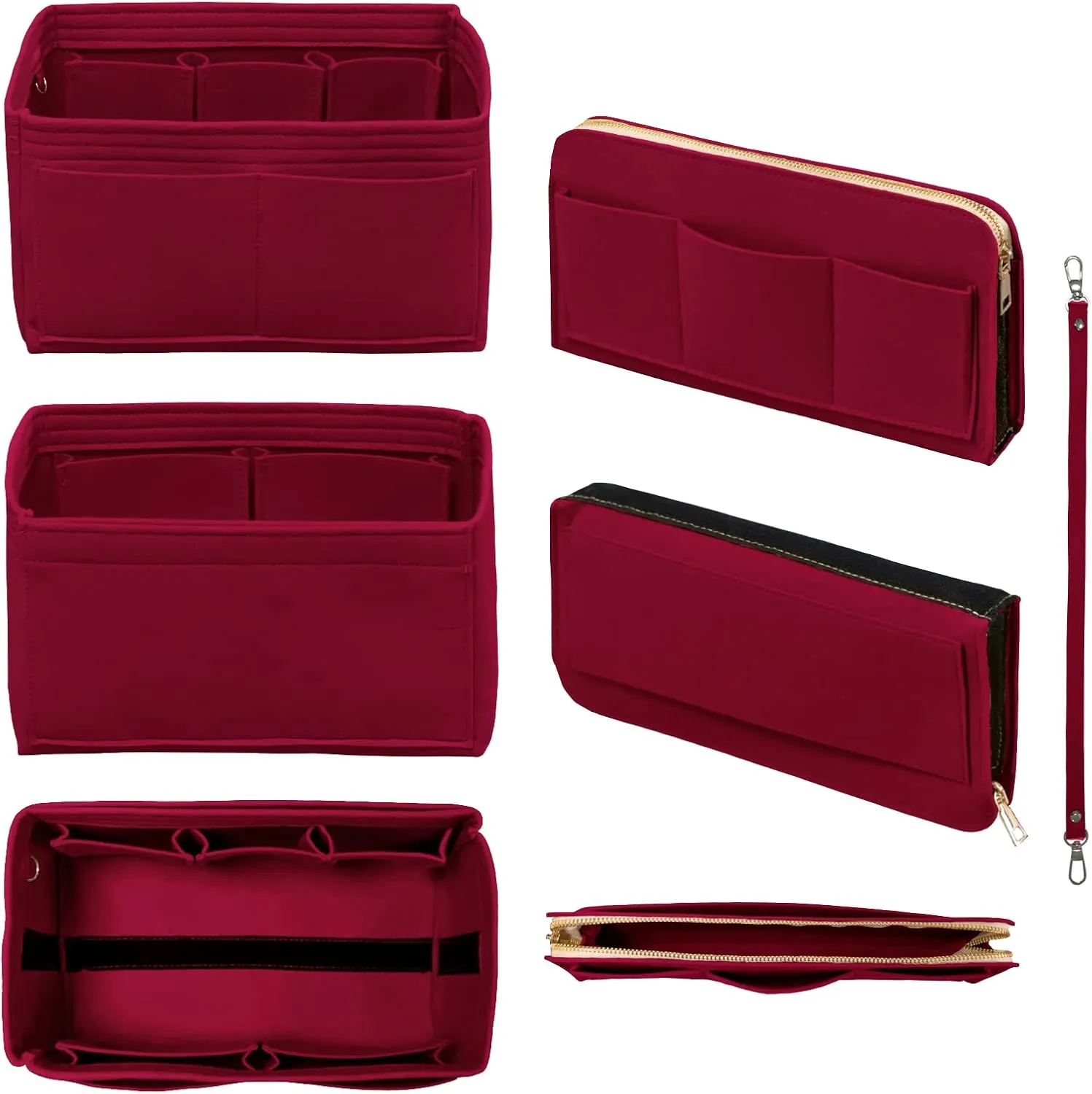 Purse Organizer Insert with Zipper Felt Bag Organizer Handbag Organizer Insert Bag in Bag Organizer with Key Chain for Tote Purse Bag Dark Red Medium