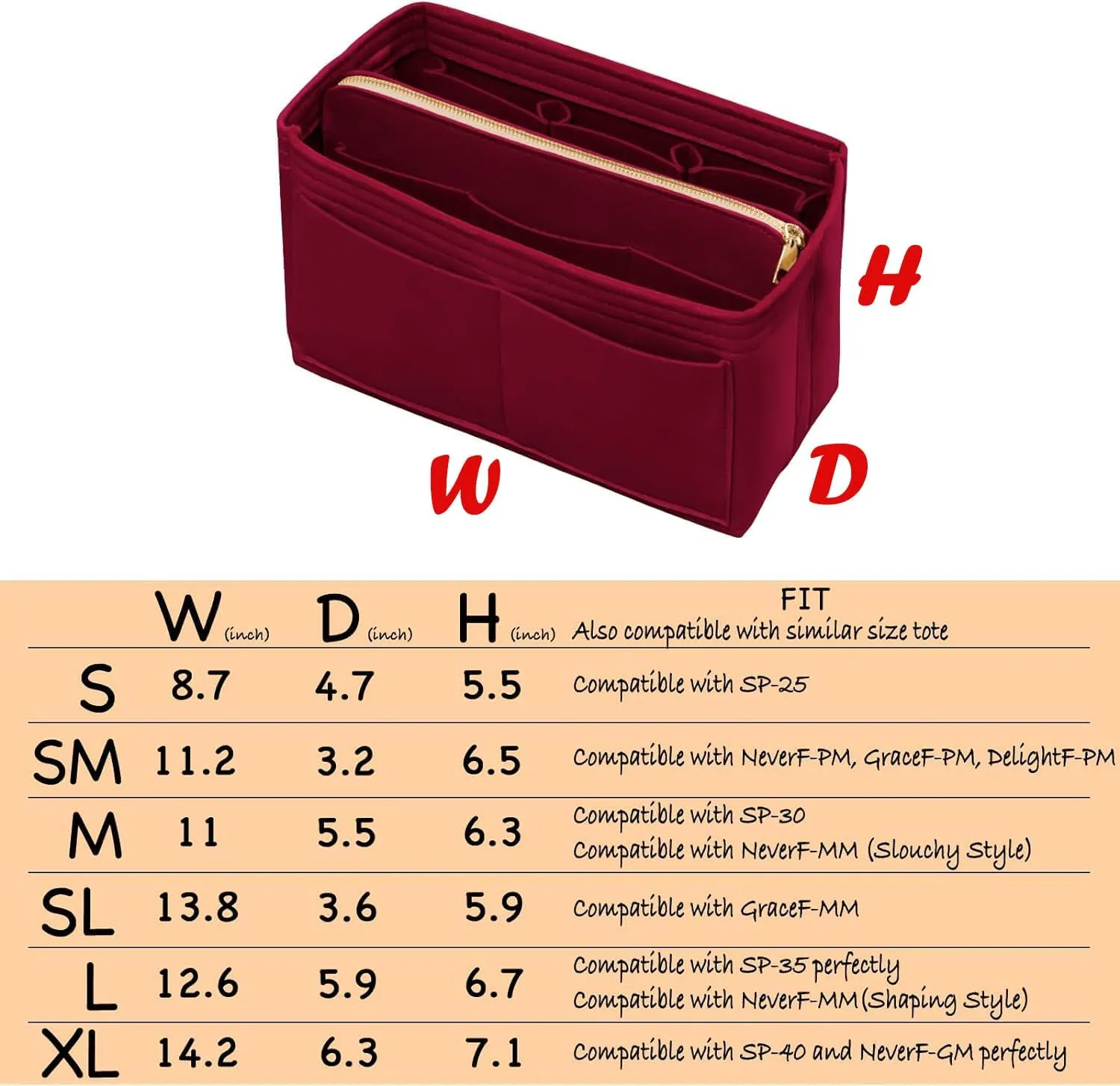 Purse Organizer Insert with Zipper Felt Bag Organizer Handbag Organizer Insert Bag in Bag Organizer with Key Chain for Tote Purse Bag Dark Red Medium