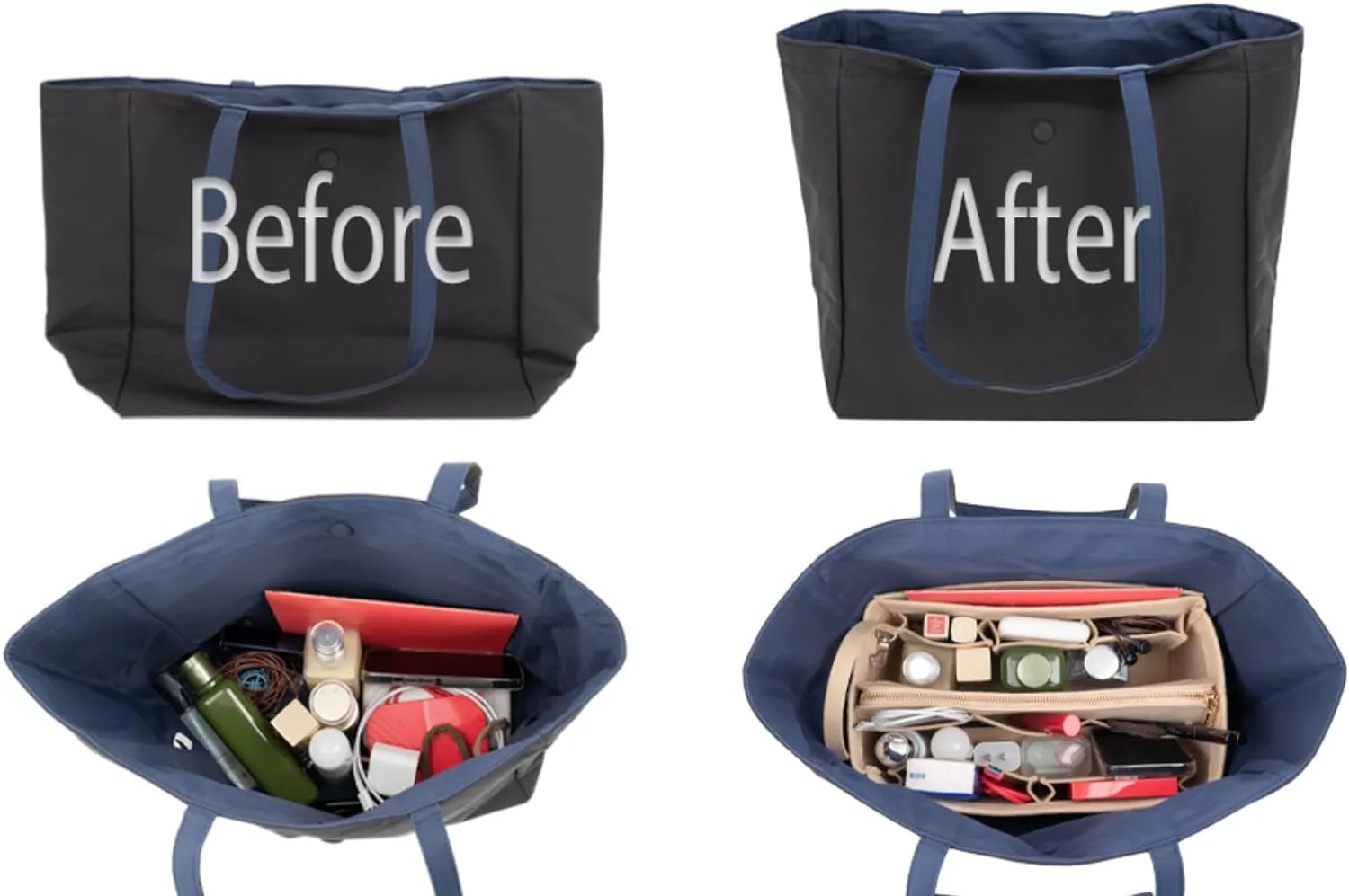 Purse Organizer Insert with Zipper Felt Bag Organizer Handbag Organizer Insert Bag in Bag Organizer with Key Chain for Tote Purse Bag Rose Small