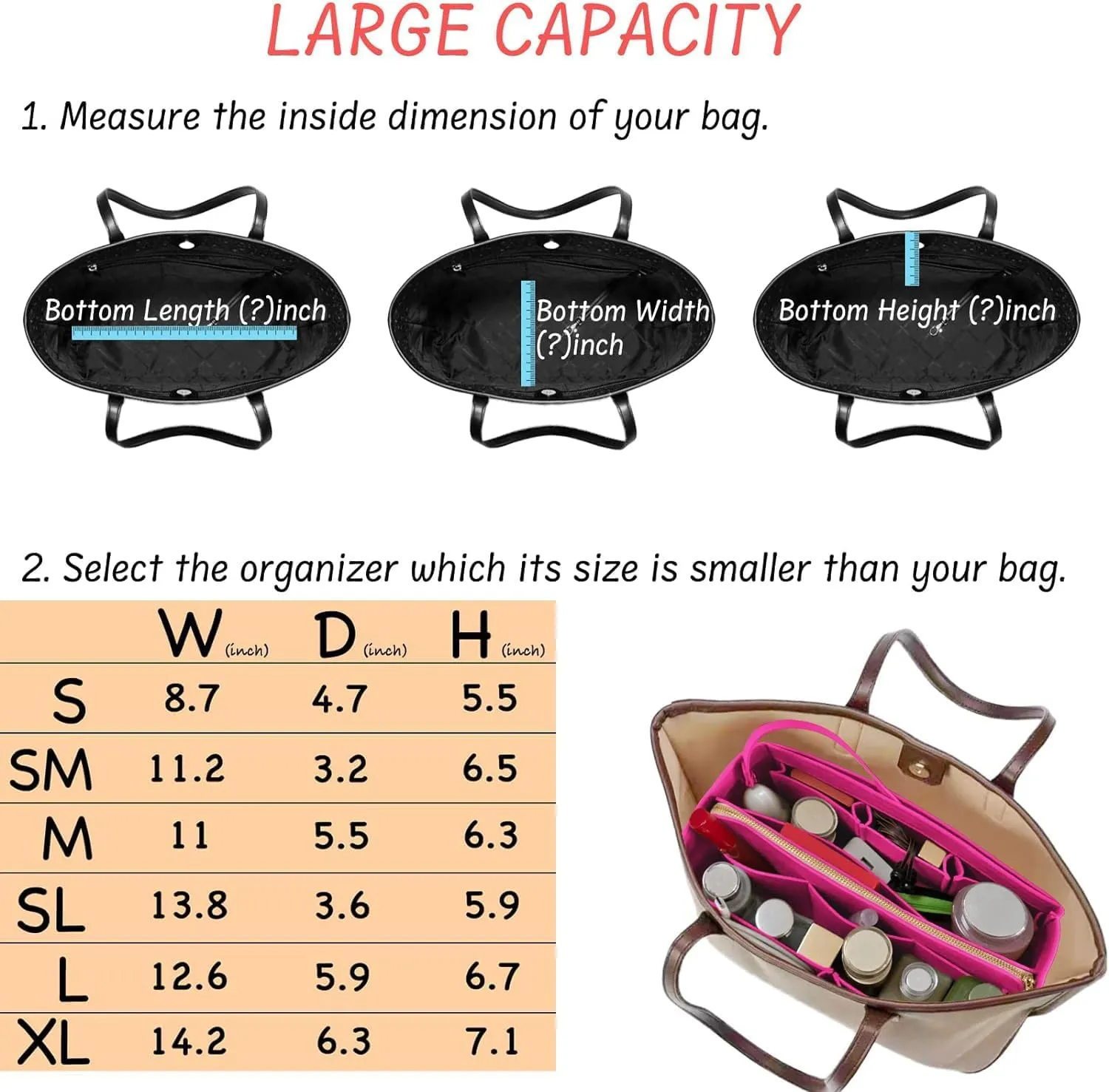Purse Organizer Insert with Zipper Felt Bag Organizer Handbag Organizer Insert Bag in Bag Organizer with Key Chain for Tote Purse Bag Rose Small