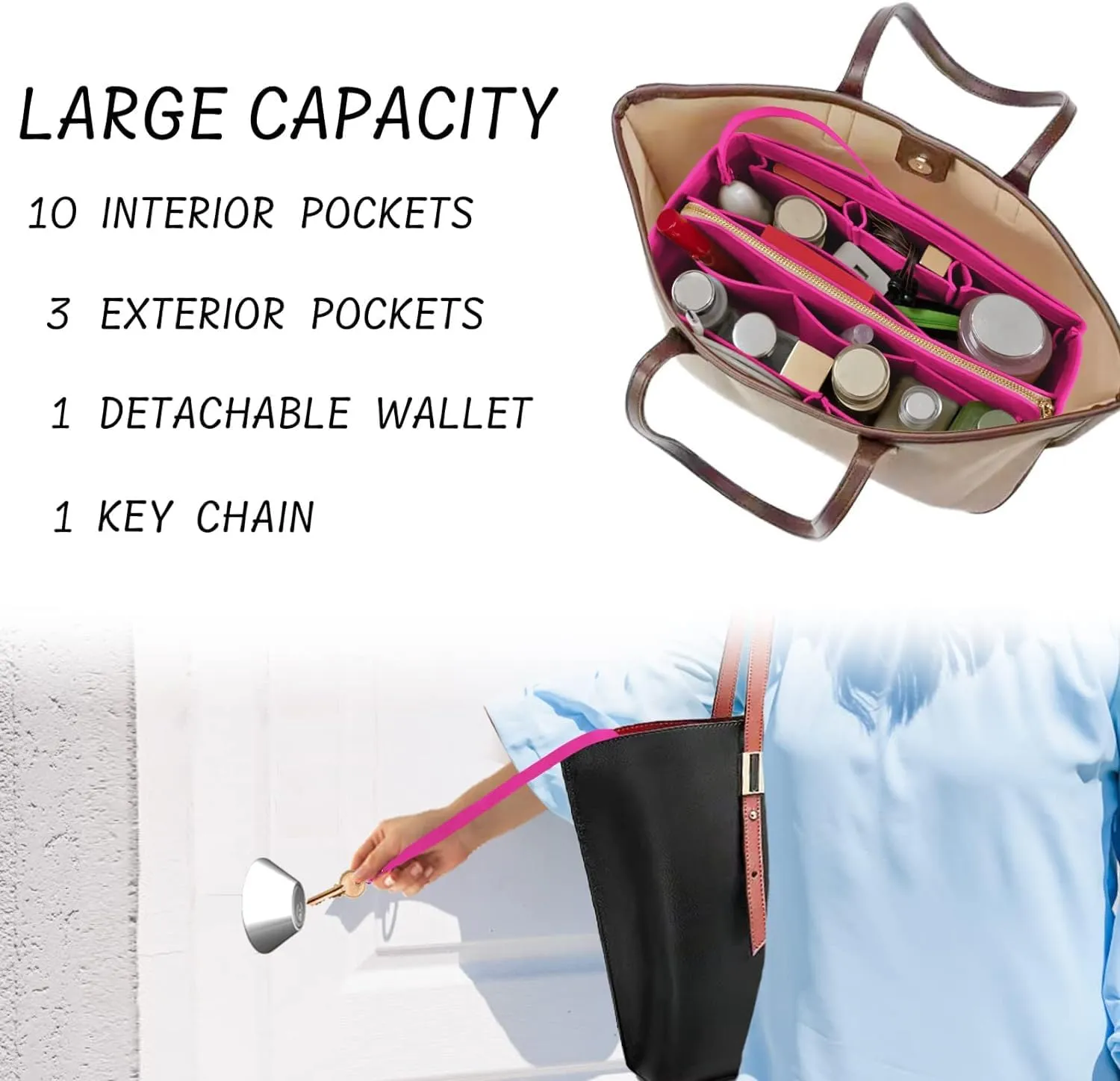Purse Organizer Insert with Zipper Felt Bag Organizer Handbag Organizer Insert Bag in Bag Organizer with Key Chain for Tote Purse Bag Rose Small