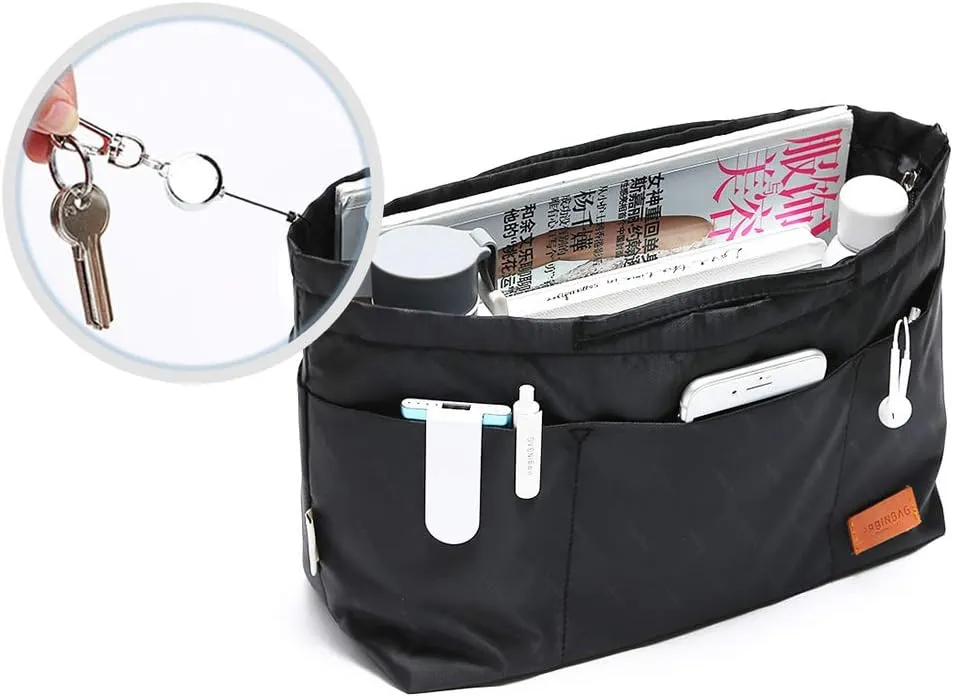 Purse Organizer Insert with zipper Nylon fabric for women Handbags & Totebag, black, Medium: 15.7"(Top)/12.2"(Bottom) L × 4.7" W × 8.3" H