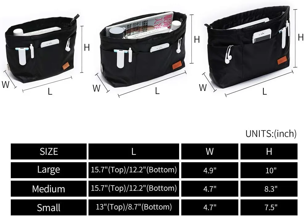 Purse Organizer Insert with zipper Nylon fabric for women Handbags & Totebag, black, Medium: 15.7"(Top)/12.2"(Bottom) L × 4.7" W × 8.3" H