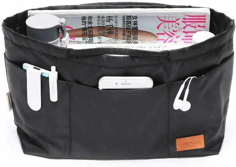 Purse Organizer Insert with zipper Nylon fabric for women Handbags & Totebag, black, Medium: 15.7"(Top)/12.2"(Bottom) L × 4.7" W × 8.3" H