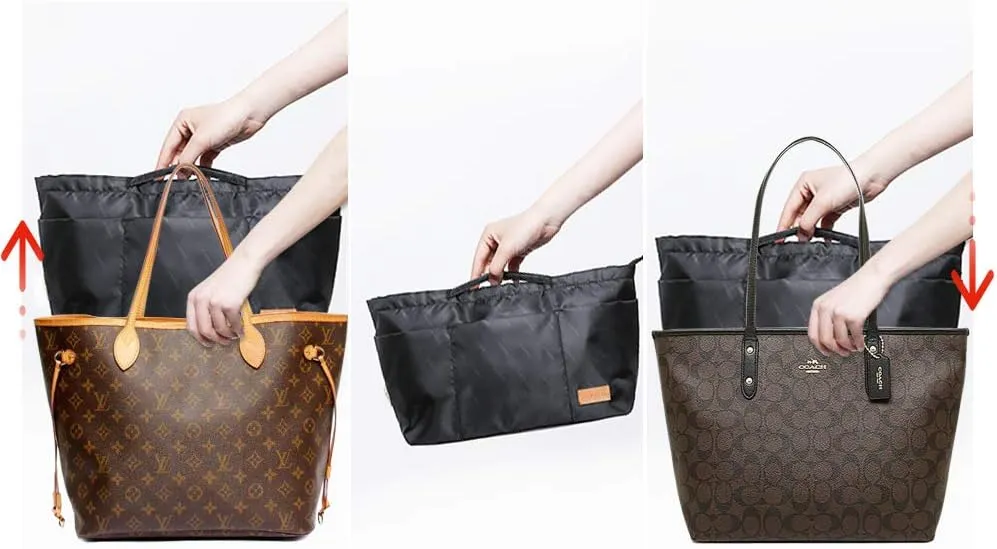 Purse Organizer Insert with zipper Nylon fabric for women Handbags & Totebag, black, Medium: 15.7"(Top)/12.2"(Bottom) L × 4.7" W × 8.3" H