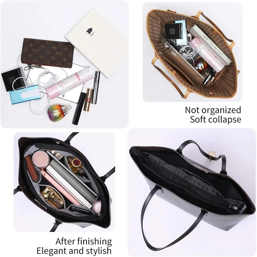 Purse Organizer Insert with zipper Nylon fabric for women Handbags & Totebag, black, Medium: 15.7"(Top)/12.2"(Bottom) L × 4.7" W × 8.3" H
