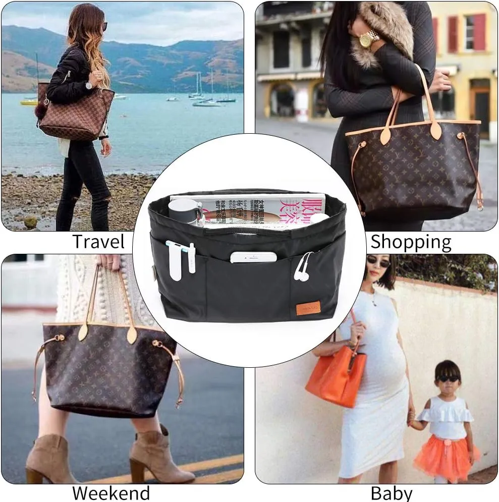 Purse Organizer Insert with zipper Nylon fabric for women Handbags & Totebag, black, Medium: 15.7"(Top)/12.2"(Bottom) L × 4.7" W × 8.3" H