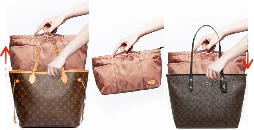 Purse Organizer Insert with zipper, Nylon fabric Storage Bag with handles, for womens Handbags & Tote bags, neverfull, lightweight medium sized Brown