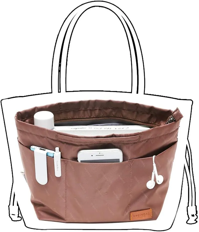 Purse Organizer Insert with zipper, Nylon fabric Storage Bag with handles, for womens Handbags & Tote bags, neverfull, lightweight medium sized Brown