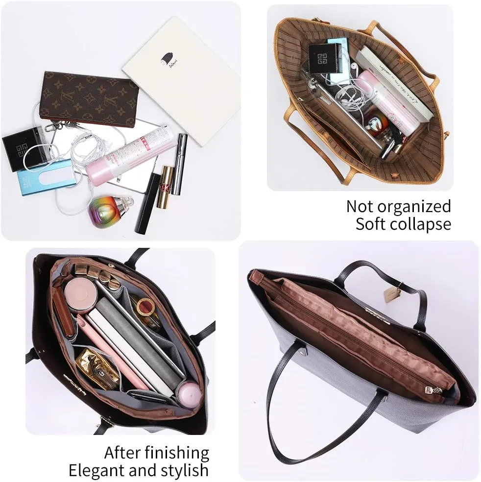 Purse Organizer Insert with zipper, Nylon fabric Storage Bag with handles, for womens Handbags & Tote bags, neverfull, lightweight medium sized Brown