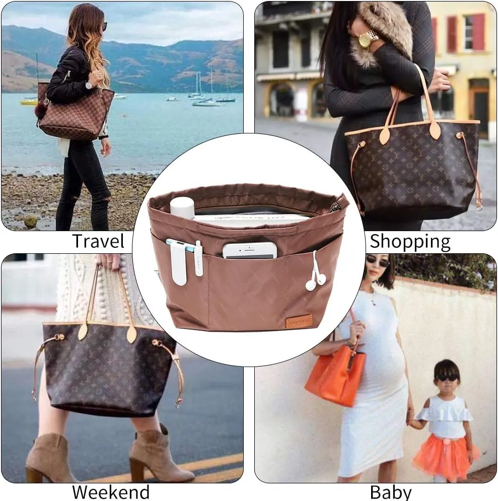 Purse Organizer Insert with zipper, Nylon fabric Storage Bag with handles, for womens Handbags & Tote bags, neverfull, lightweight medium sized Brown