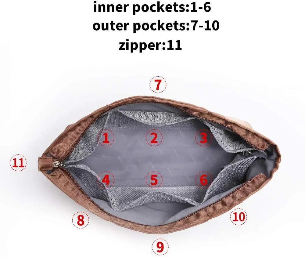 Purse Organizer Insert with zipper, Nylon fabric Storage Bag with handles, for womens Handbags & Tote bags, neverfull, lightweight medium sized Brown