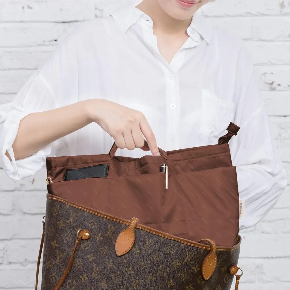 Purse Organizer Insert with zipper, Nylon fabric Storage Bag with handles, for womens Handbags & Tote bags, neverfull, lightweight medium sized Brown