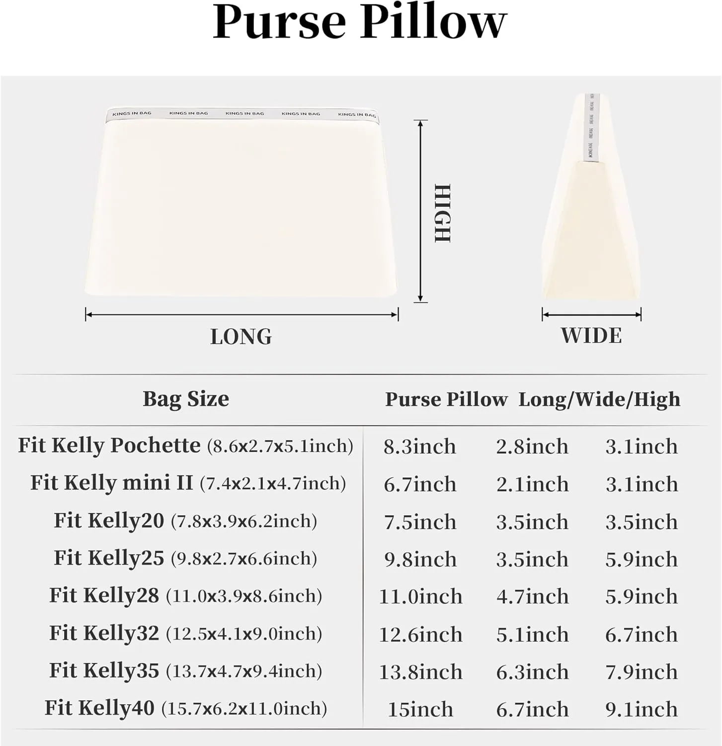 Purse Pillow Insert Compatible with Kelly Bags, Handbag Filler with Soft Satins for Luxury Bags, Soft Purse Inner Pillow with Memory Foam for Handbag Storage (Craie, KE 25 Sellier)