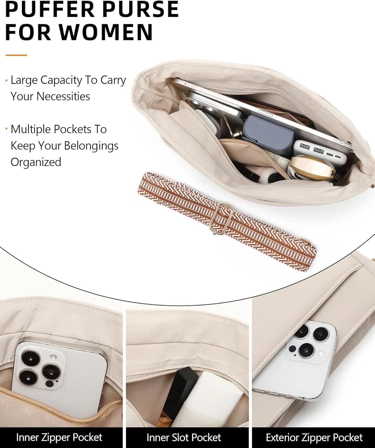 Purses for Women 2PCS Puffer Quilted Crossbody Shoulder Hobo Bags Trendy Ladies Handbag with Coin Wallet 2 Adjustable Straps