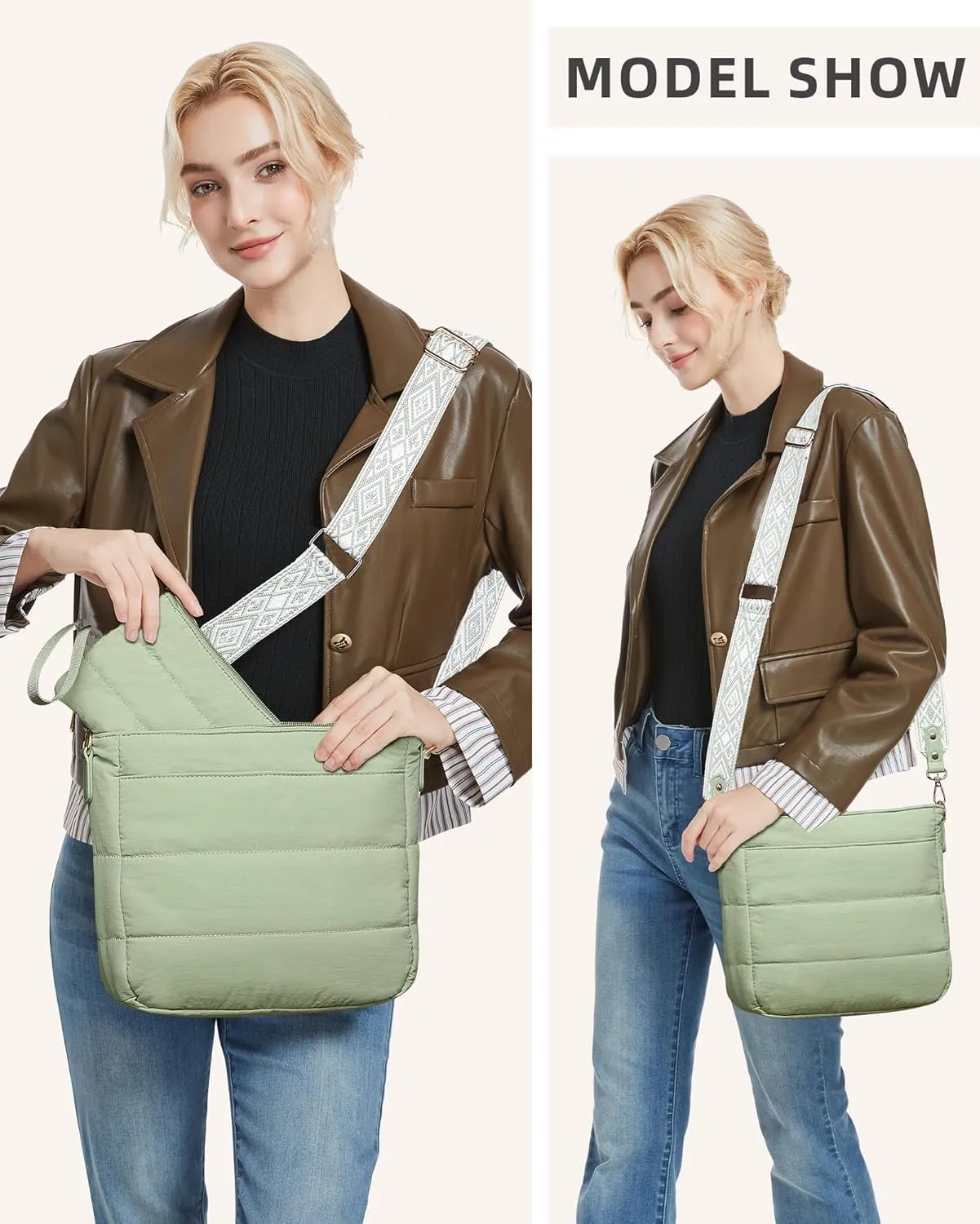 Purses for Women 2PCS Puffer Quilted Crossbody Shoulder Hobo Bags Trendy Ladies Handbag with Coin Wallet 2 Adjustable Straps