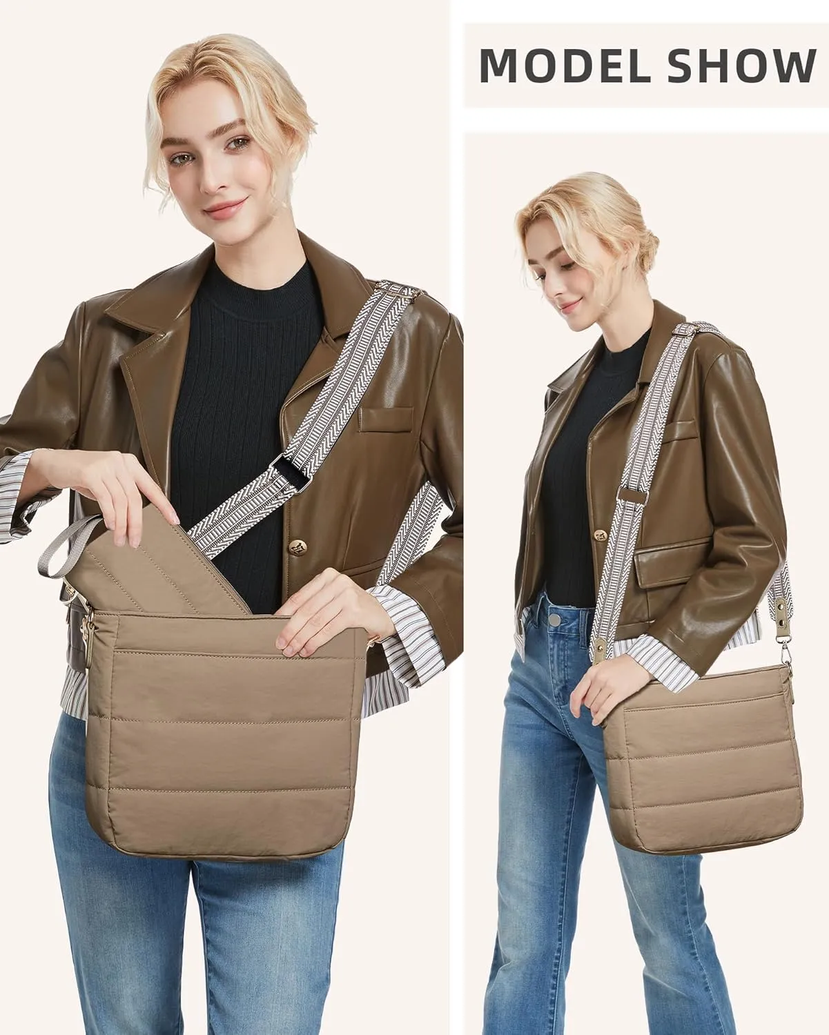 Purses for Women 2PCS Puffer Quilted Crossbody Shoulder Hobo Bags Trendy Ladies Handbag with Coin Wallet 2 Adjustable Straps