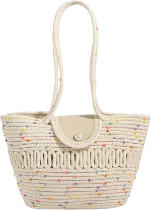 PuTian Woven Tote Handbag for Women summer Beach Shoulder Bag Top-Handle Vintage Purse for Vocation Travel