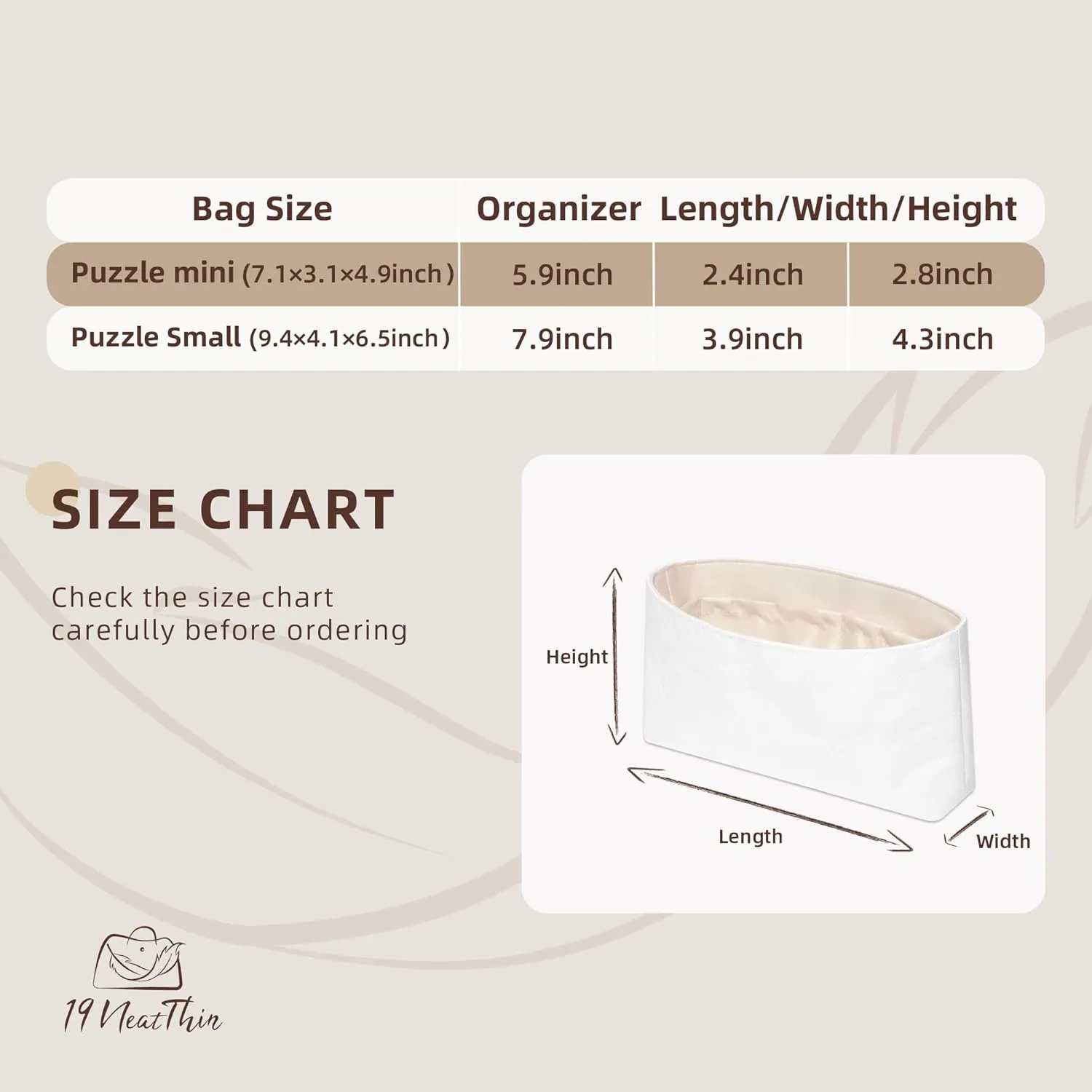 Puzzle Bag Organizer Insert, Lightweight Portable Purse Inner Compatible with Loewe Puzzle Small Bag, Made of Waterproof Dupontpaper Surface and Silky Satin Lining (Puzzle Small, Craie)