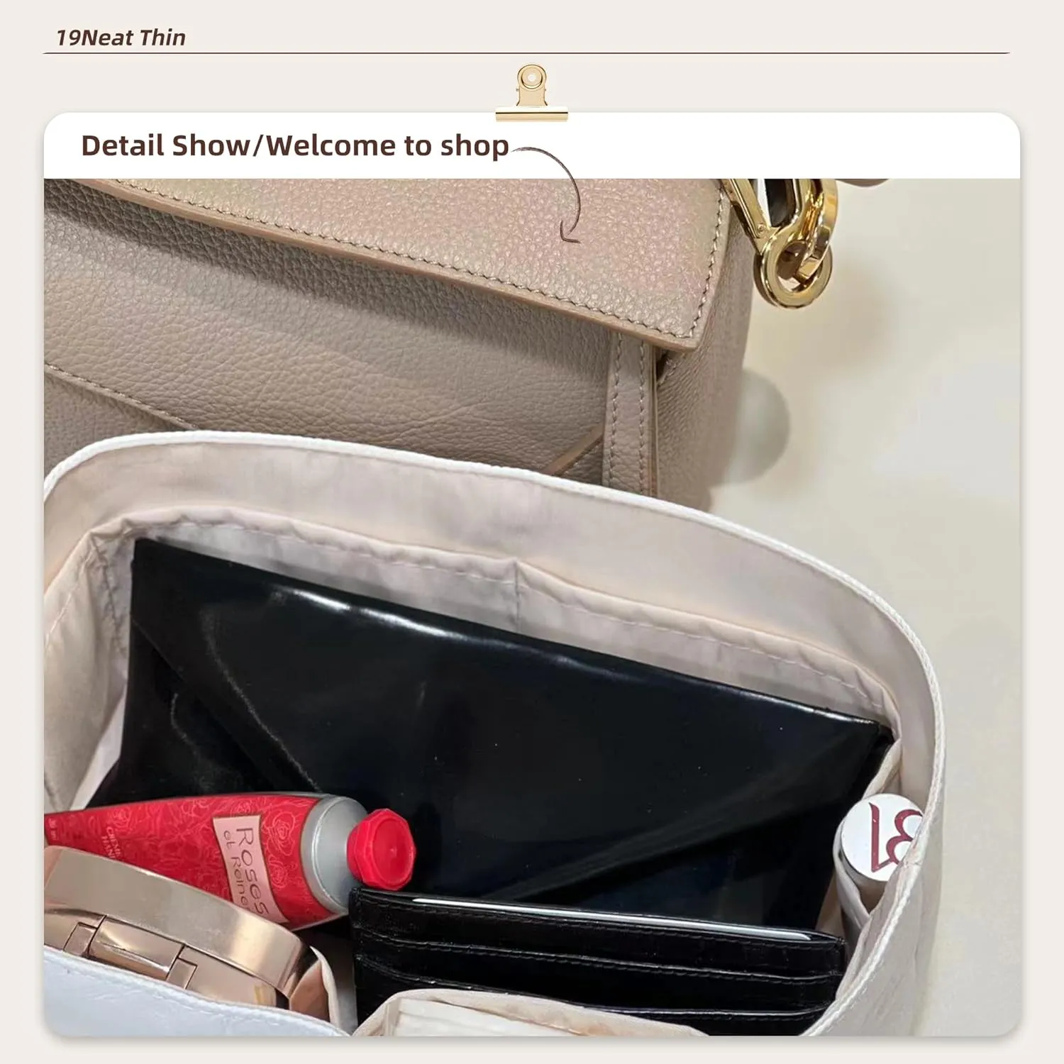 Puzzle Bag Organizer Insert, Lightweight Portable Purse Inner Compatible with Loewe Puzzle Small Bag, Made of Waterproof Dupontpaper Surface and Silky Satin Lining (Puzzle Small, Craie)