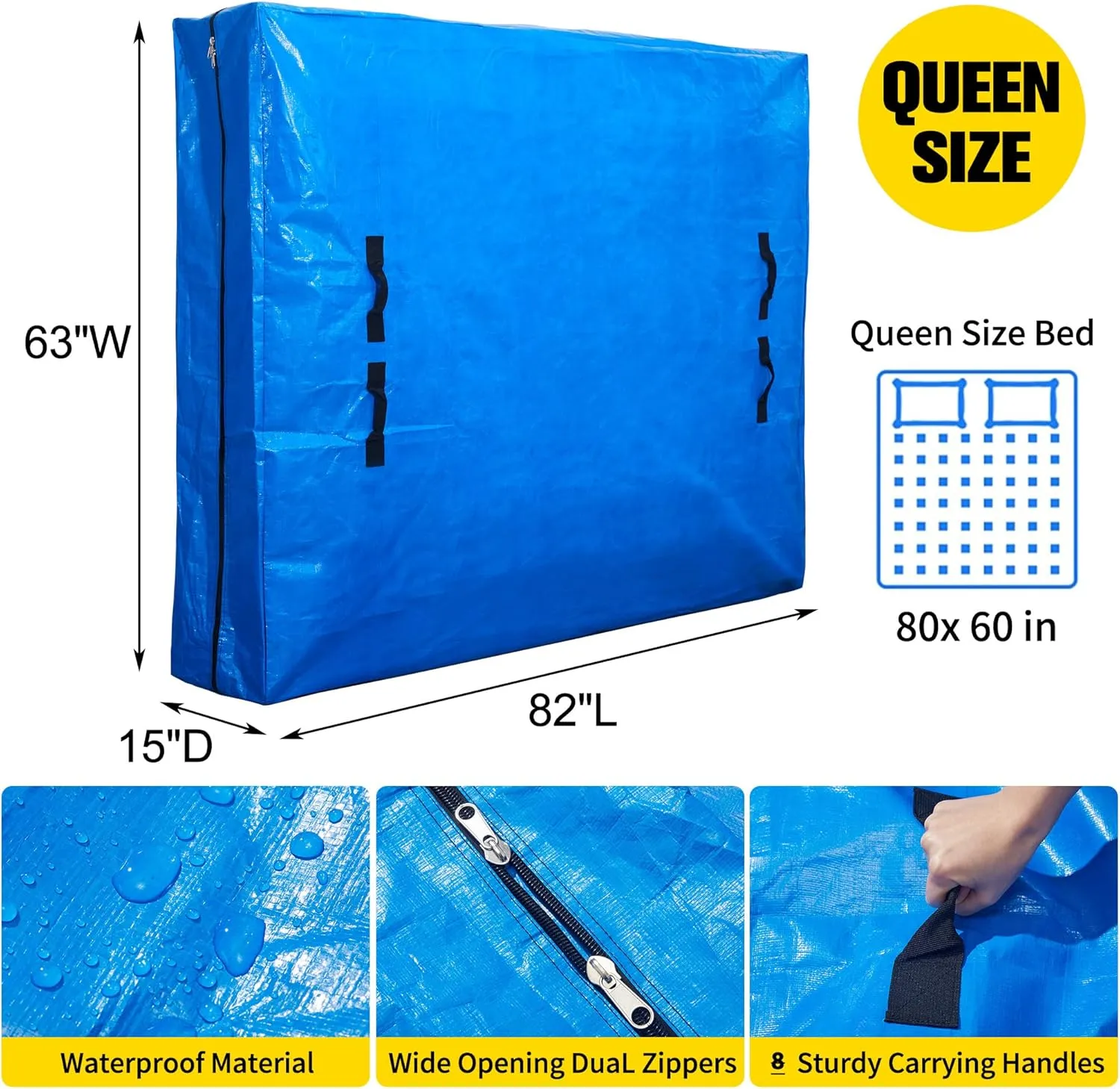 Queen Mattress Bag for Moving & Storage Waterproof - Extra-Thick Reusable Mattress Storage Bag - Easy Carrier Durable Mattress Moving Cover Bag with Handles Heavy Duty Zippered -1 Pack