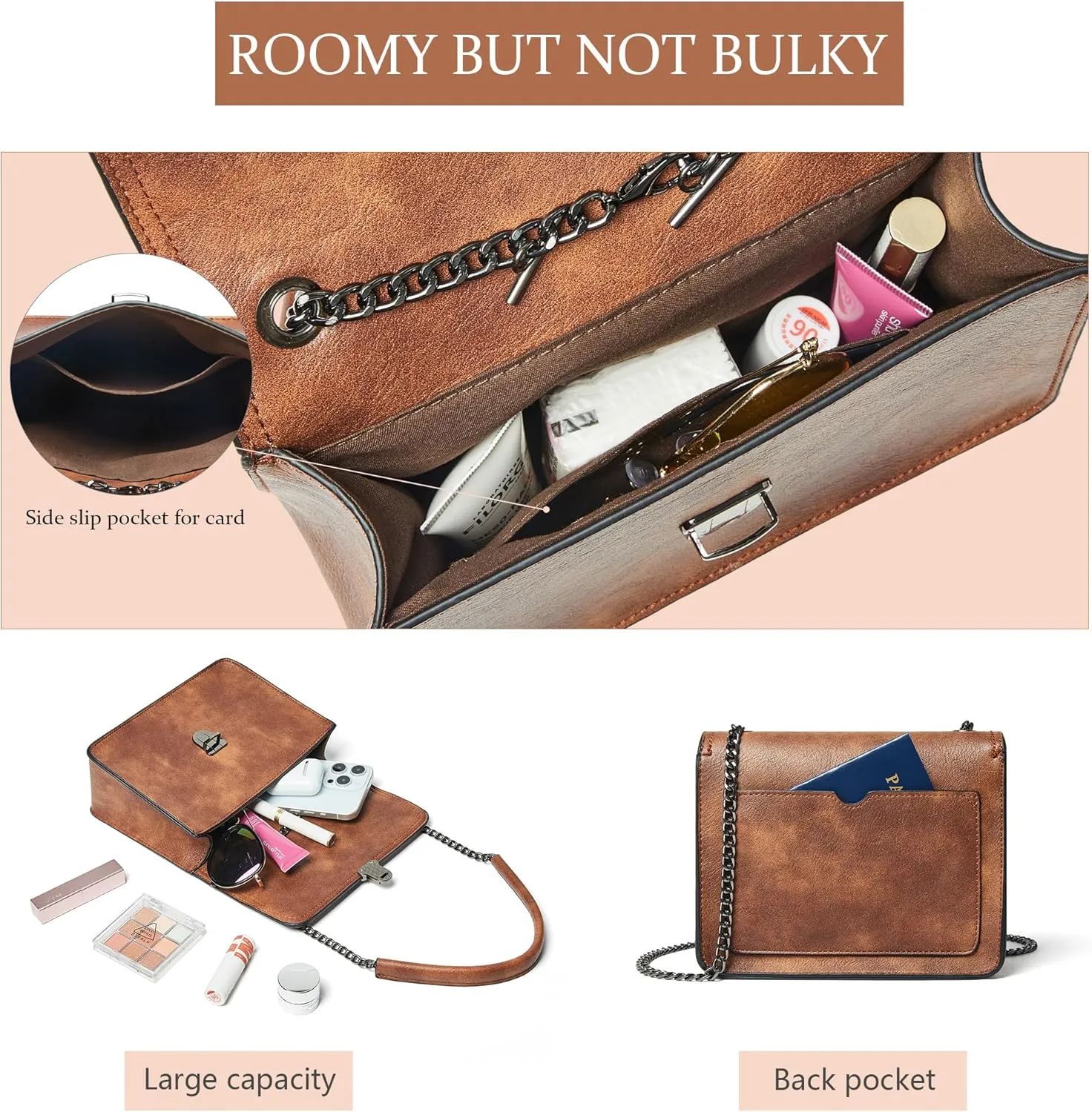 Quilted Crossbody Bags for Women 3-Pockets Crossbody Purses Vegan Leather Shoulder Handbags with Wide Strap