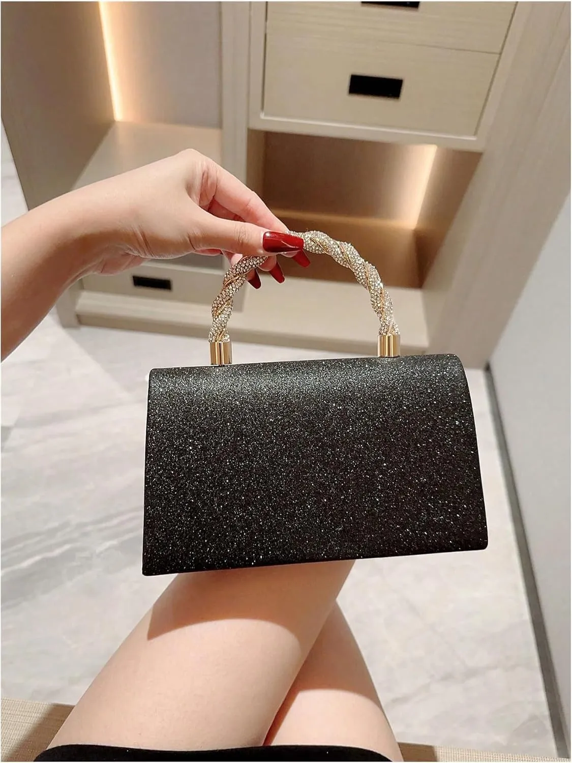 QWINEE Women's Evening Handbag Top Sparkly Rhinestone Bow Knot Handbag Top Handle Flap Magnet Elegant Clutch Purse