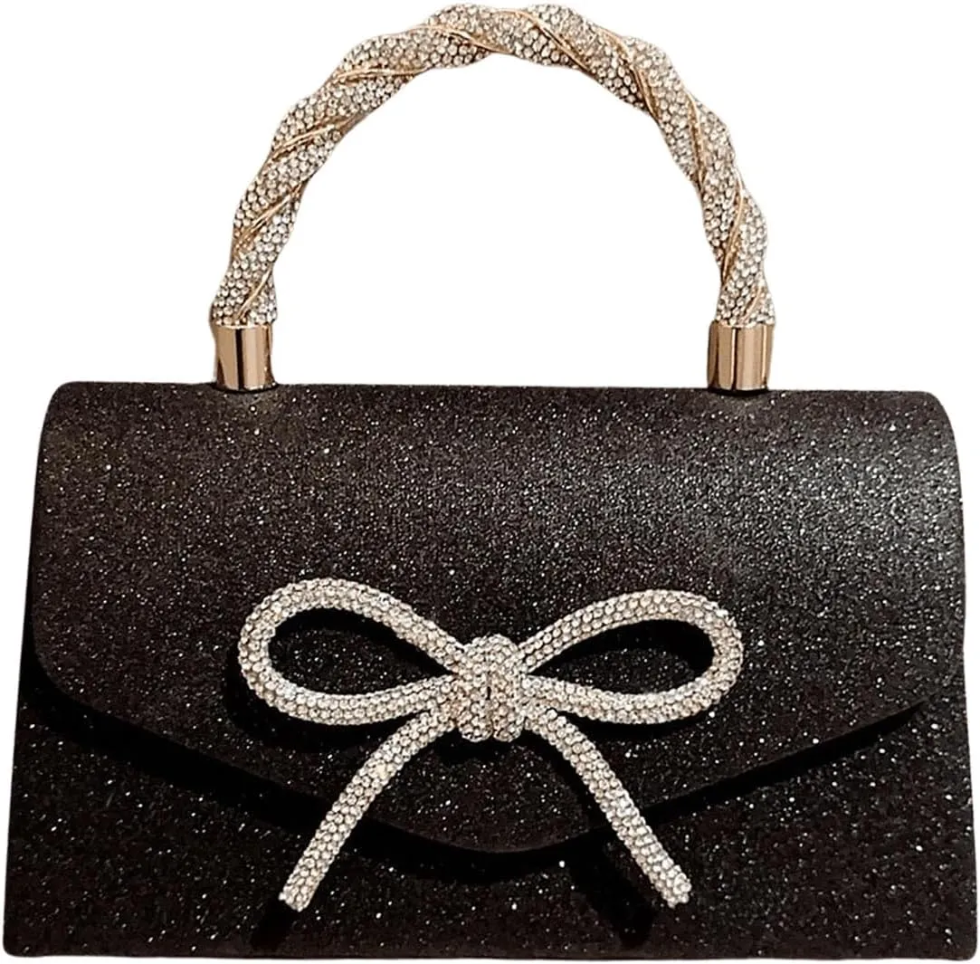 QWINEE Women's Evening Handbag Top Sparkly Rhinestone Bow Knot Handbag Top Handle Flap Magnet Elegant Clutch Purse