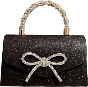 QWINEE Women's Evening Handbag Top Sparkly Rhinestone Bow Knot Handbag Top Handle Flap Magnet Elegant Clutch Purse