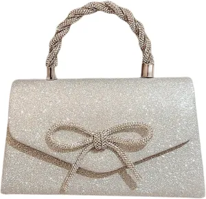 QWINEE Women's Evening Handbag Top Sparkly Rhinestone Bow Knot Handbag Top Handle Flap Magnet Elegant Clutch Purse