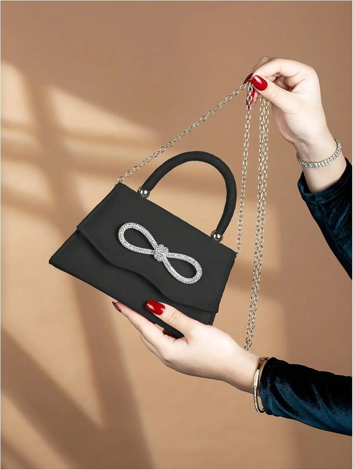 QWINEE Women's Evening Handbag Top Sparkly Rhinestone Bow Knot Handbag Top Handle Flap Magnet Elegant Clutch Purse