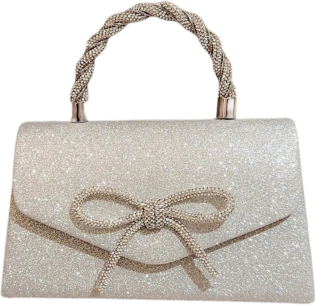 QWINEE Women's Evening Handbag Top Sparkly Rhinestone Bow Knot Handbag Top Handle Flap Magnet Elegant Clutch Purse