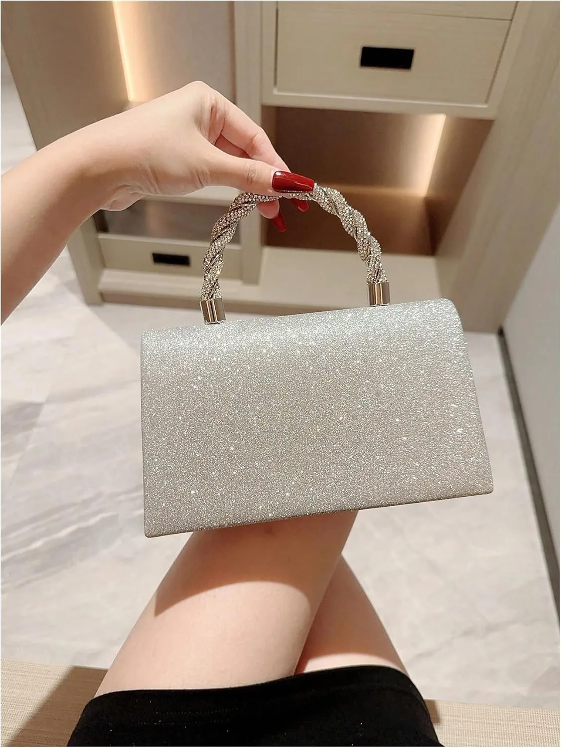 QWINEE Women's Evening Handbag Top Sparkly Rhinestone Bow Knot Handbag Top Handle Flap Magnet Elegant Clutch Purse