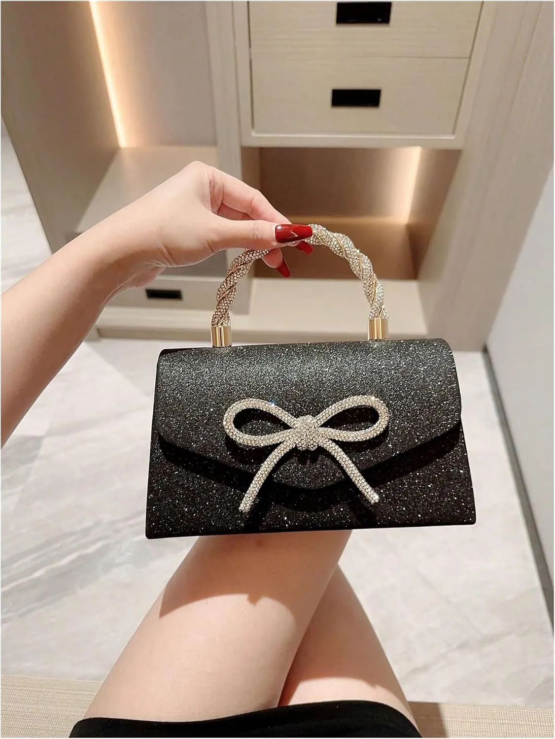 QWINEE Women's Evening Handbag Top Sparkly Rhinestone Bow Knot Handbag Top Handle Flap Magnet Elegant Clutch Purse