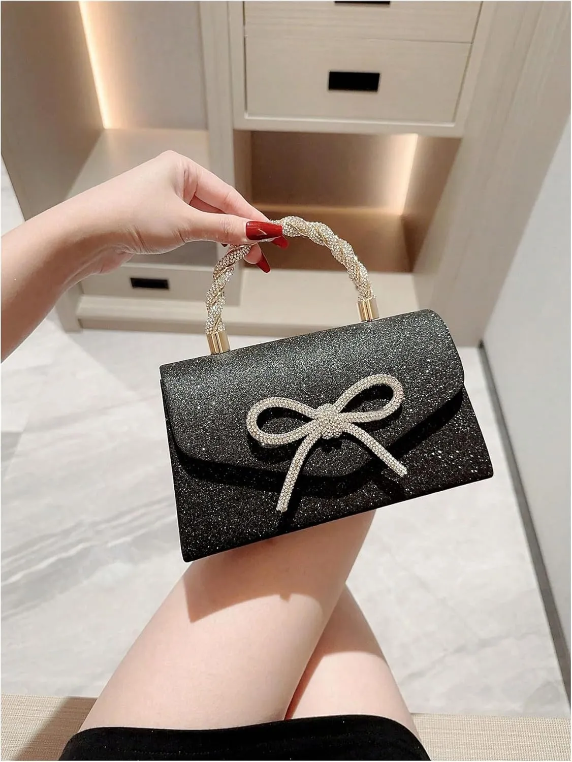 QWINEE Women's Evening Handbag Top Sparkly Rhinestone Bow Knot Handbag Top Handle Flap Magnet Elegant Clutch Purse