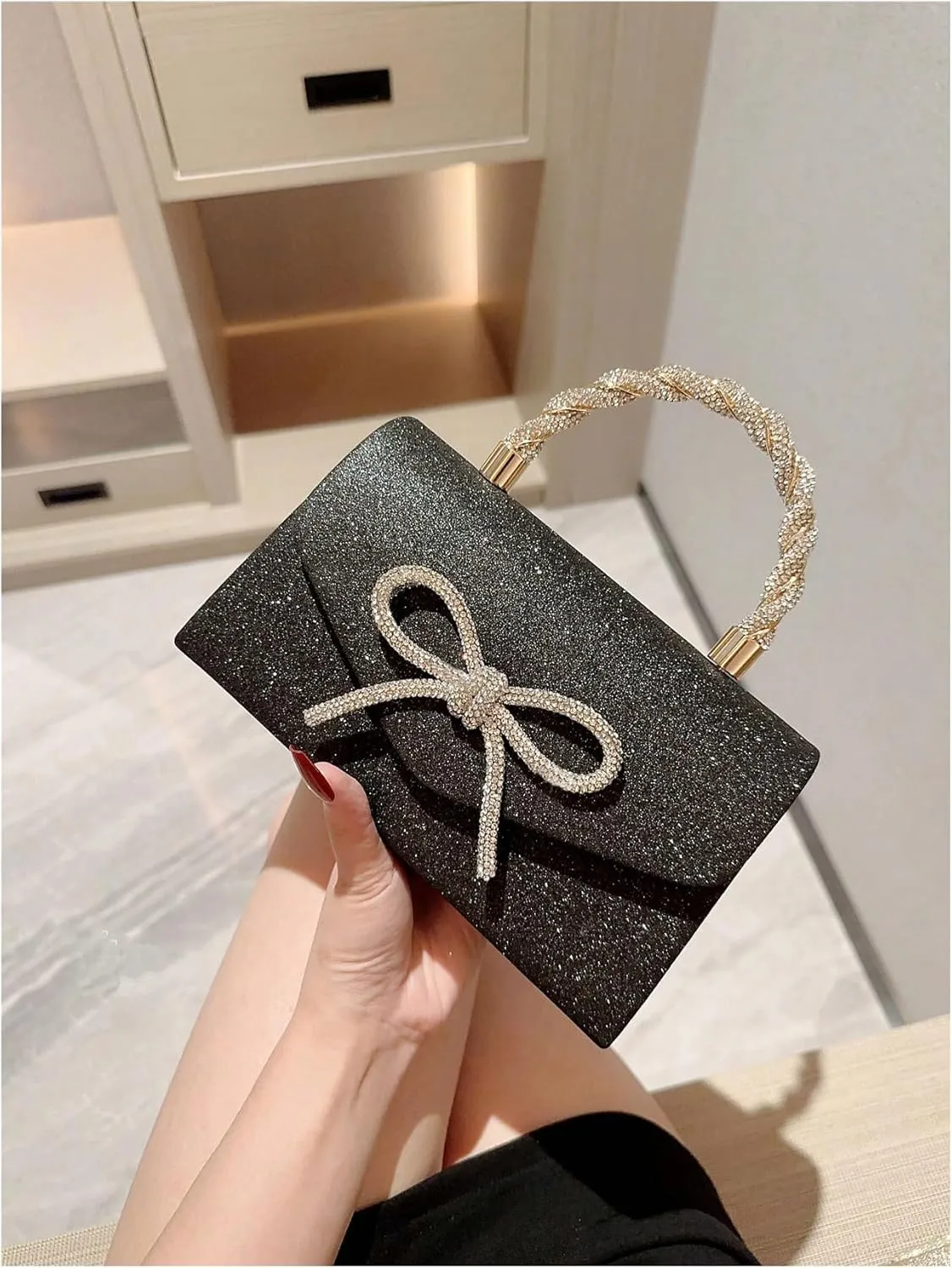 QWINEE Women's Evening Handbag Top Sparkly Rhinestone Bow Knot Handbag Top Handle Flap Magnet Elegant Clutch Purse