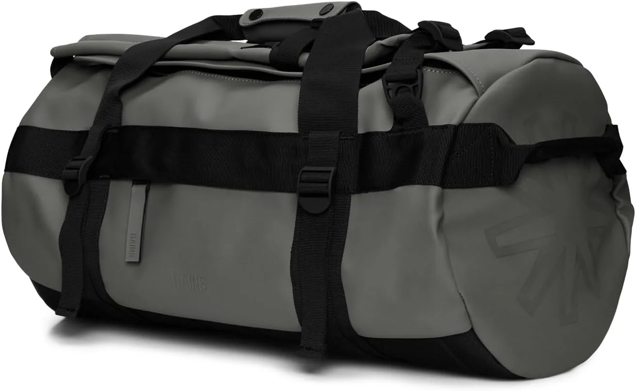 RAINS Texel Duffel Bag Small - Waterproof Grey Duffel with U-Shaped Zip Closure, Mesh Pockets, Compression Straps, and Padded Carry Handles - 2 Year Warranty