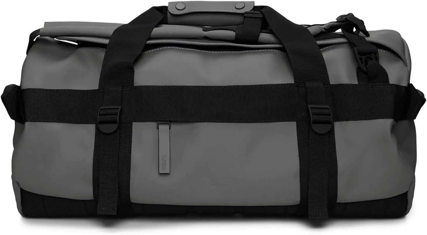 RAINS Texel Duffel Bag Small - Waterproof Grey Duffel with U-Shaped Zip Closure, Mesh Pockets, Compression Straps, and Padded Carry Handles - 2 Year Warranty