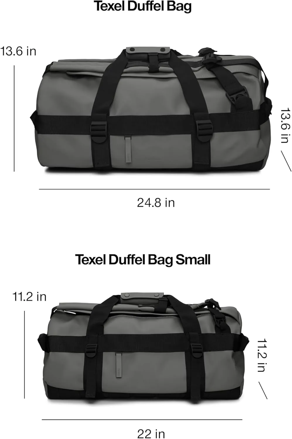RAINS Texel Duffel Bag Small - Waterproof Grey Duffel with U-Shaped Zip Closure, Mesh Pockets, Compression Straps, and Padded Carry Handles - 2 Year Warranty