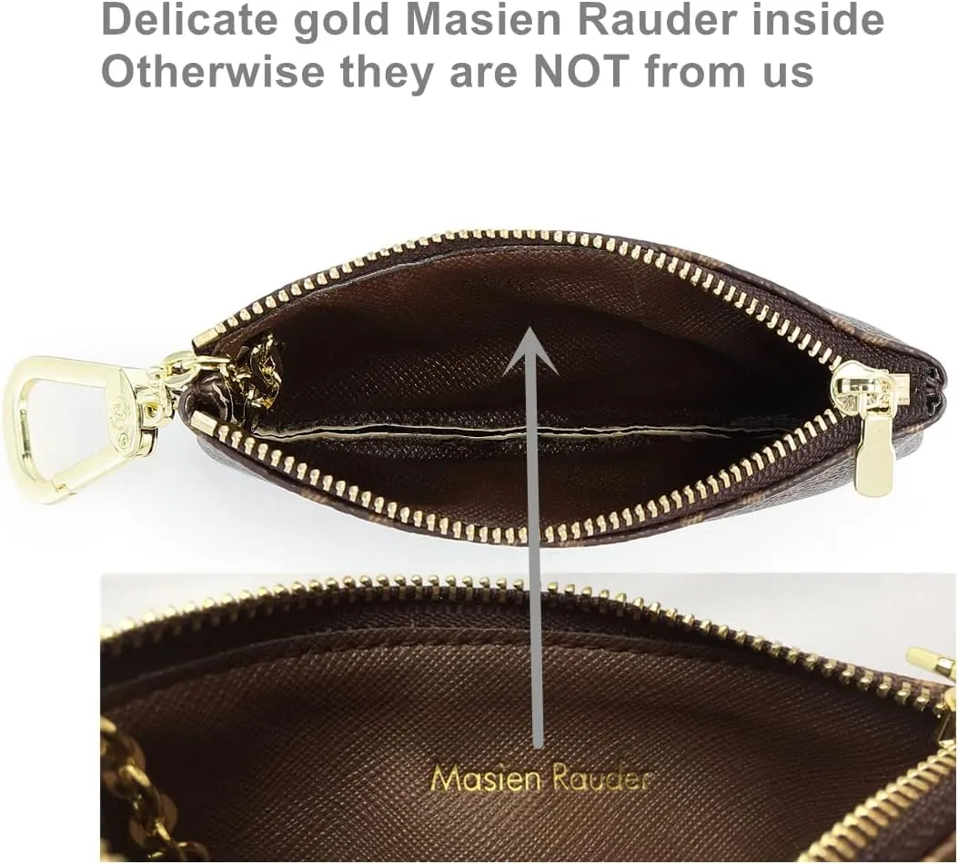 Rauder Luxury Zip Key Chain Pouch | Mini Coin Purse Wallet Card Holder with Clasp | for Men Women - Coated Canvas (Brown)