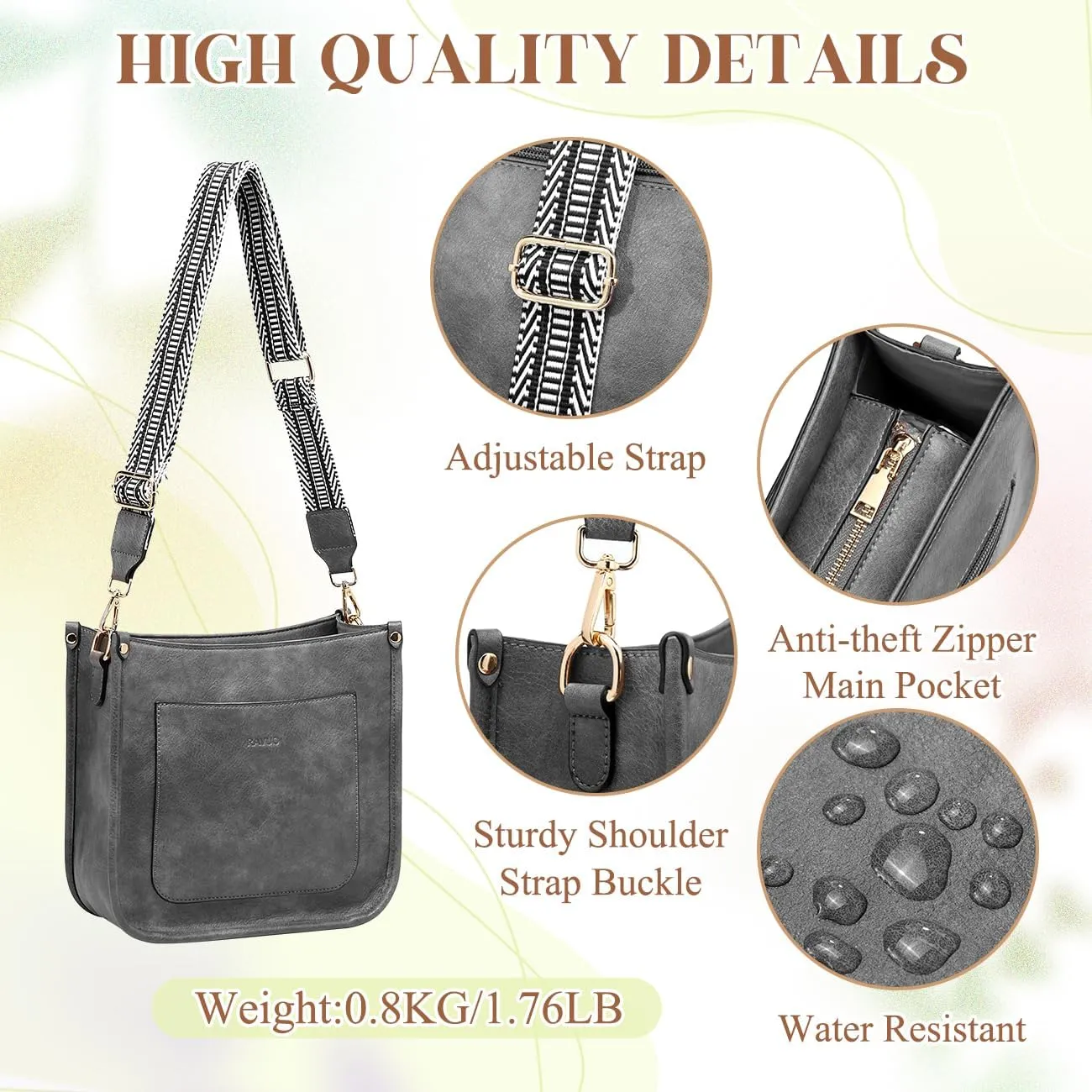 RAVUO Crossbody Bags for Women, Vegan Leather Shoulder Purse Fashion Hobo Handbags with 2 Adjustable Straps