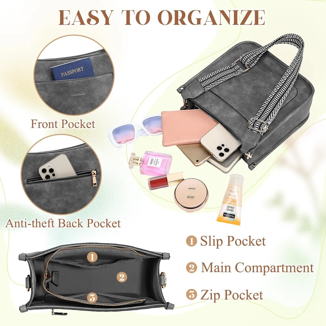 RAVUO Crossbody Bags for Women, Vegan Leather Shoulder Purse Fashion Hobo Handbags with 2 Adjustable Straps