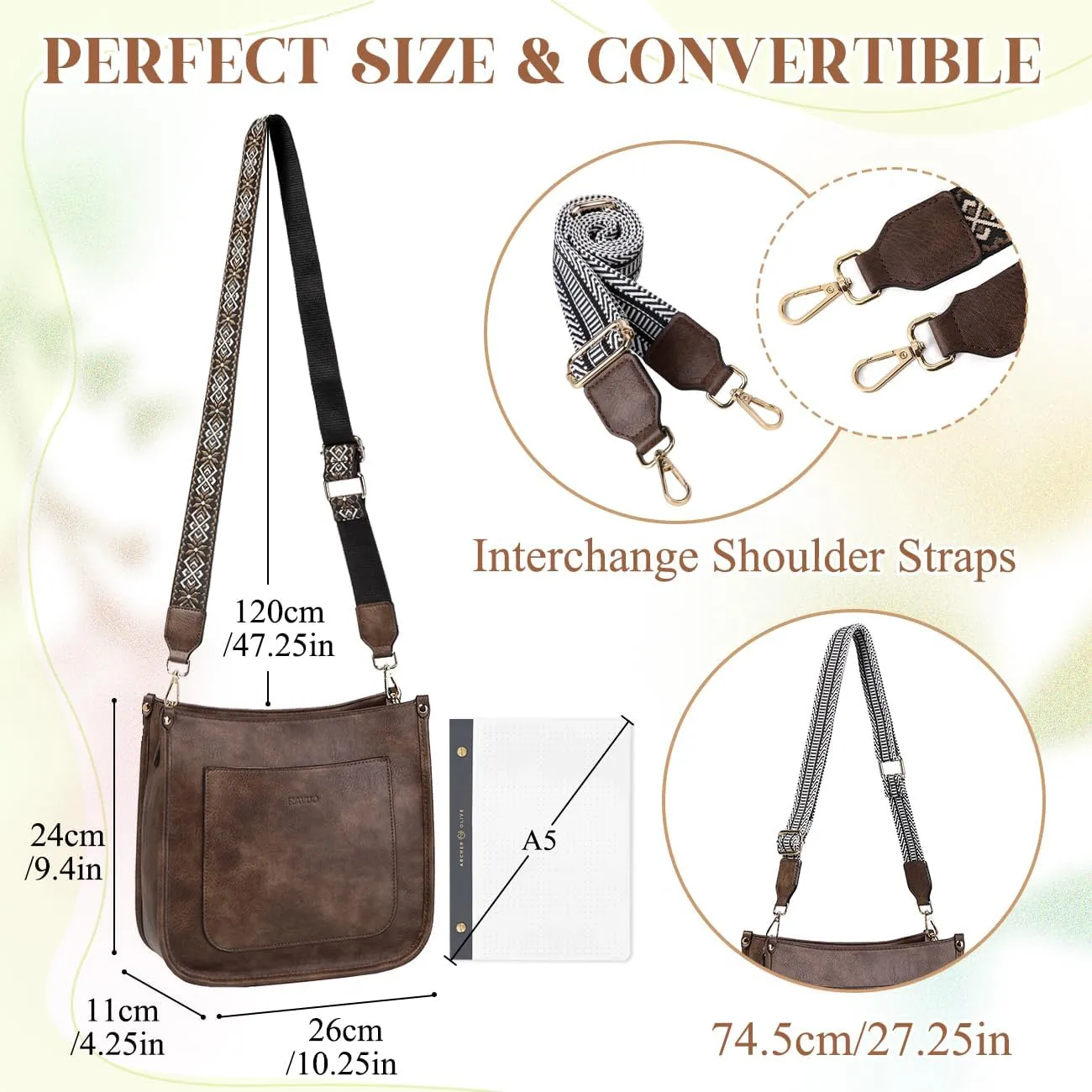 RAVUO Crossbody Bags for Women, Vegan Leather Shoulder Purse Fashion Hobo Handbags with 2 Adjustable Straps