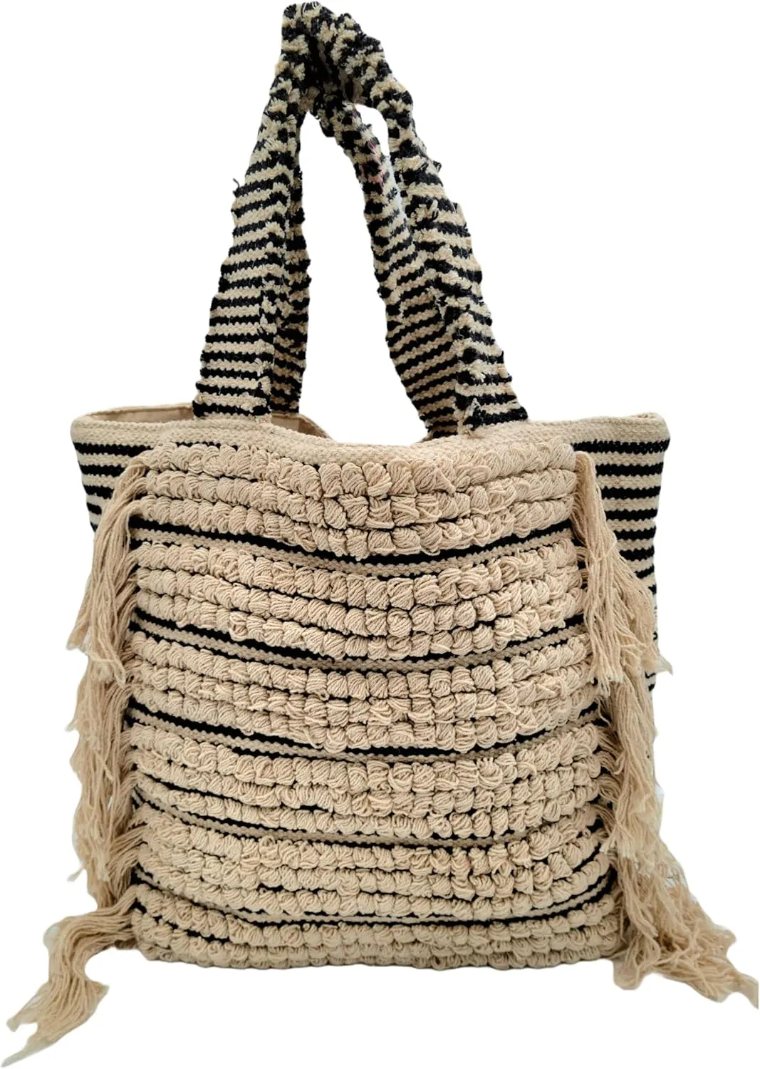 Recycled Cotton Handloom Stripe Bag with Fringes for Women - Chic Shoulder Fabric Tote Handbag - Handmade Boho Hippie Style