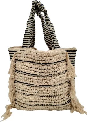 Recycled Cotton Handloom Stripe Bag with Fringes for Women - Chic Shoulder Fabric Tote Handbag - Handmade Boho Hippie Style
