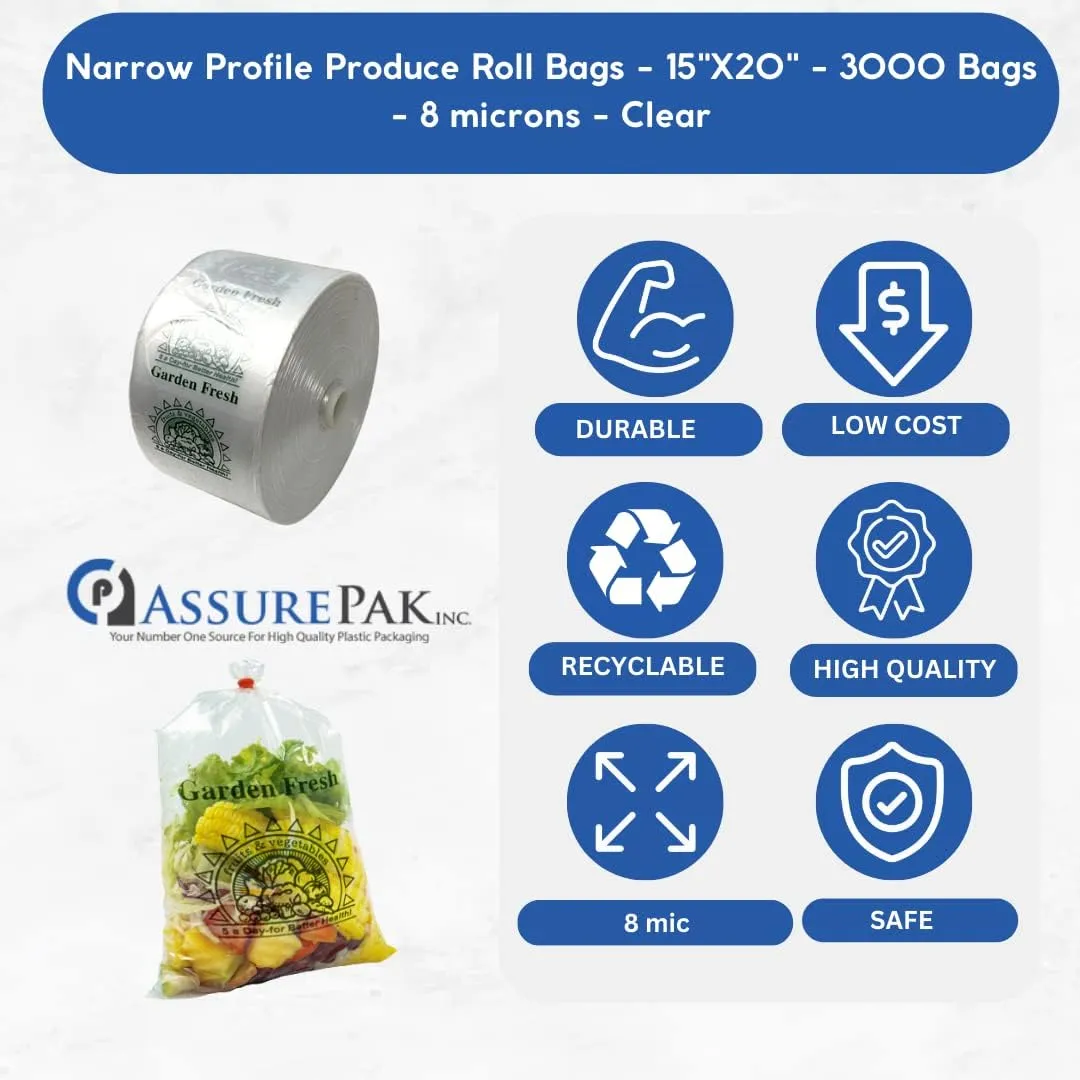 Retail Bags Direct Narrow Profile Produce Roll Bags with Extended plastic core Garden Fresh - 15"X20" - 3000 Bags - 4 Rolls - 8 microns - Clear