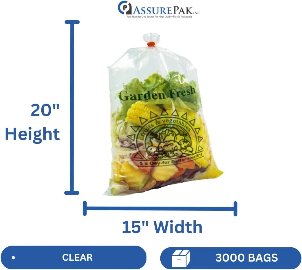 Retail Bags Direct Narrow Profile Produce Roll Bags with Extended plastic core Garden Fresh - 15"X20" - 3000 Bags - 4 Rolls - 8 microns - Clear