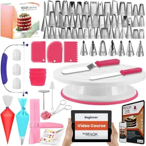 RFAQK 200PCs Cake Decorating Kit for Beginners with Turntable for Decoration - Piping Bags and Tips Set (110 55), Straight & Offset Spatula, Leveler, Video Course, Pattern Chart & More Baking Supplies